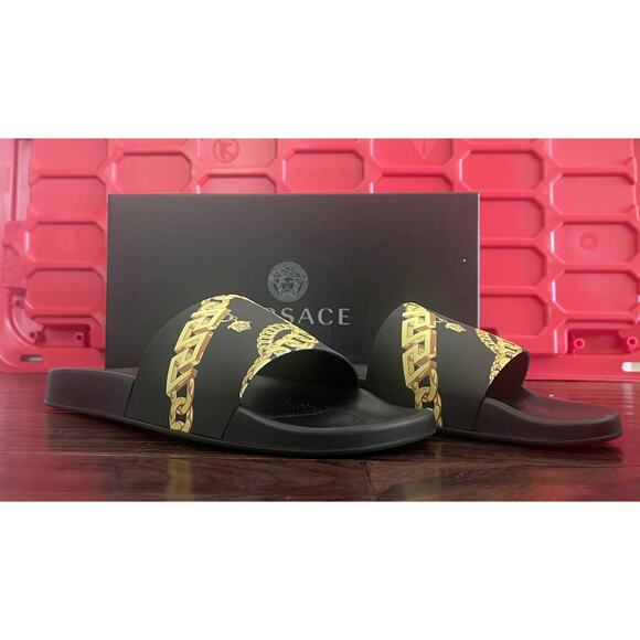 NIB Versace La Greca Chain Slide Sandal Black Slides Rubber Shoes Size 47/13